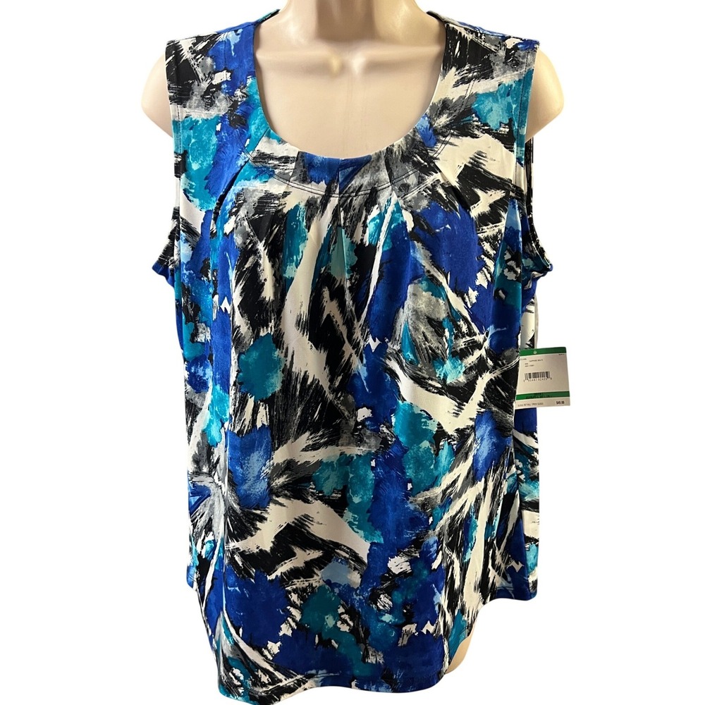 Kasper Shell Top LG Sapphire Blue Abstract Pleated Scoop Neck Sleeveless Career